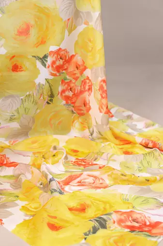 Floral Printed Dull Satin Saree Paired with Plain Moonga Silk Blouse