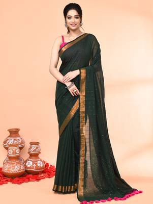 cotton handloom dark green sequin saree with blouse piece 1