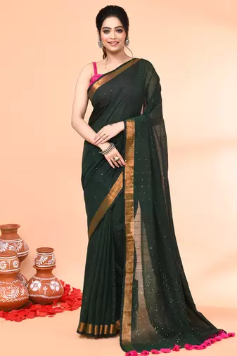 cotton handloom dark green sequin saree with blouse piece
