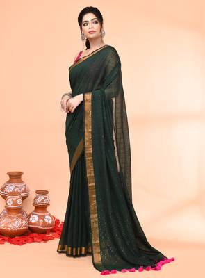 cotton handloom dark green sequin saree with blouse piece 2