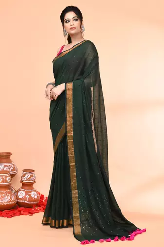 cotton handloom dark green sequin saree with blouse piece