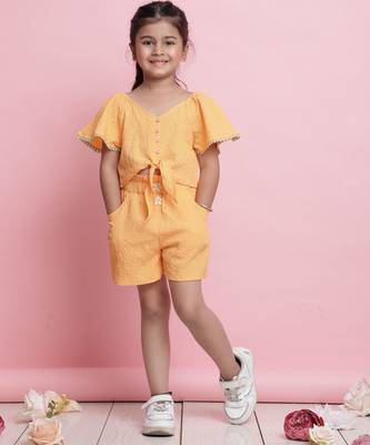 Girls' orange co-ord set     front-knot short sleeve top & matching shorts 1