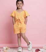 Girls' orange co-ord set     front-knot short sleeve top & matching shorts
