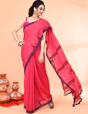 pink mul cotton handloom jamdani saree with blouse piece 1