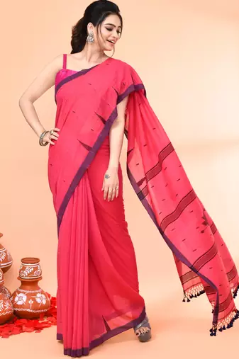 pink mul cotton handloom jamdani saree with blouse piece