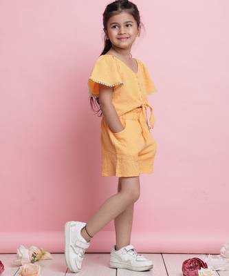 Girls' orange co-ord set     front-knot short sleeve top & matching shorts 2