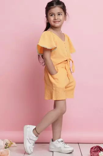 Girls' orange co-ord set     front-knot short sleeve top & matching shorts