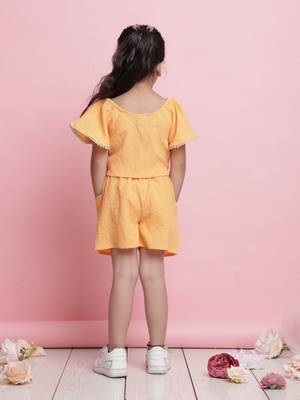 Girls' orange co-ord set     front-knot short sleeve top & matching shorts 3