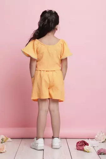 Girls' orange co-ord set     front-knot short sleeve top & matching shorts
