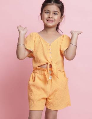 Girls' orange co-ord set     front-knot short sleeve top & matching shorts 4