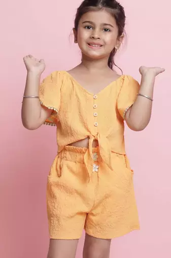 Girls' orange co-ord set     front-knot short sleeve top & matching shorts