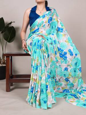 Floral Printed Dull Satin Saree Paired with Plain Moonga Silk Blouse 1
