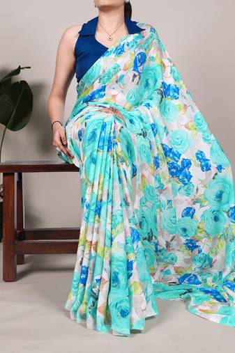 Floral Printed Dull Satin Saree Paired with Plain Moonga Silk Blouse