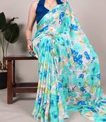 Floral Printed Dull Satin Saree Paired with Plain Moonga Silk Blouse