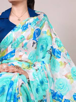 Floral Printed Dull Satin Saree Paired with Plain Moonga Silk Blouse 2