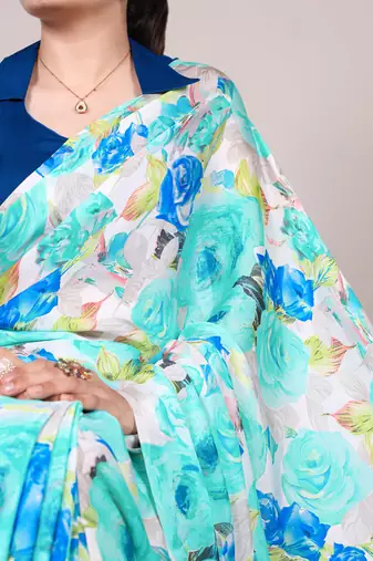 Floral Printed Dull Satin Saree Paired with Plain Moonga Silk Blouse