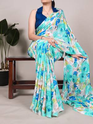 Floral Printed Dull Satin Saree Paired with Plain Moonga Silk Blouse 3