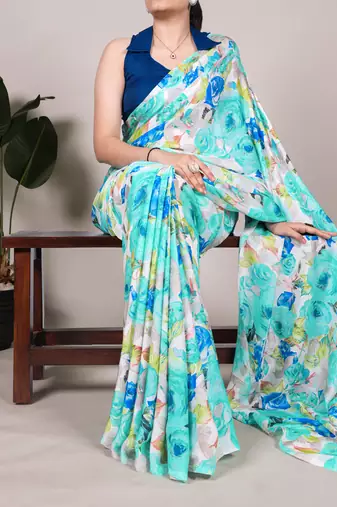 Floral Printed Dull Satin Saree Paired with Plain Moonga Silk Blouse