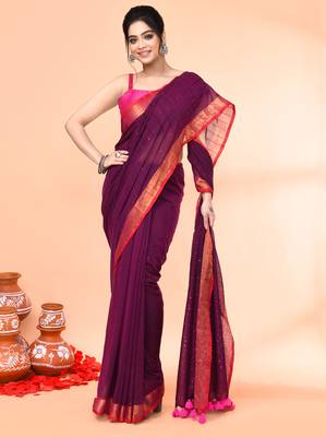 cotton handloom magenta sequin saree with blouse piece 1