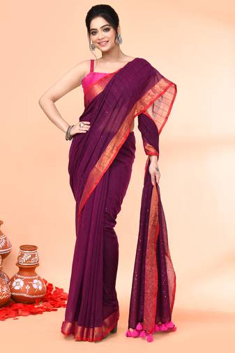 cotton handloom magenta sequin saree with blouse piece