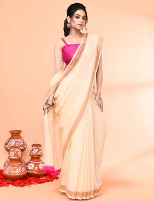 cotton handloom light tan sequin saree with blouse piece 2
