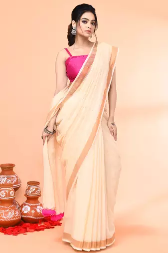 cotton handloom light tan sequin saree with blouse piece