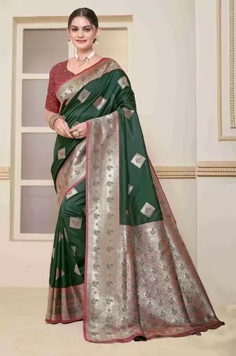  green floral art silk woven saree comes with matching blouse