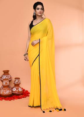 Yellow mulmul cotton saree without blouse piece 1