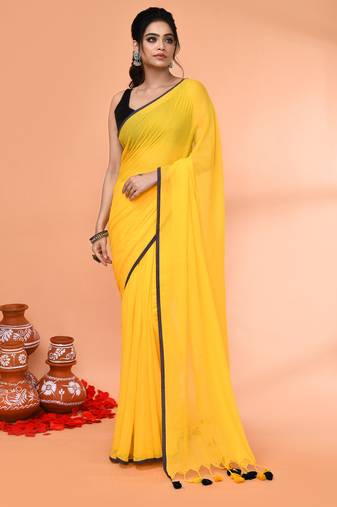 Yellow mulmul cotton saree without blouse piece