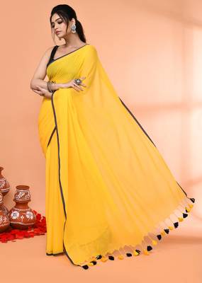 Yellow mulmul cotton saree without blouse piece 2