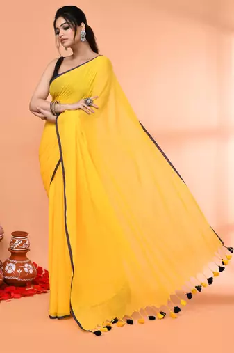 Yellow mulmul cotton saree without blouse piece