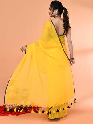 Yellow mulmul cotton saree without blouse piece 3