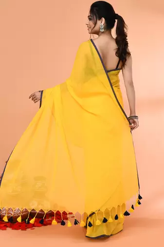 Yellow mulmul cotton saree without blouse piece