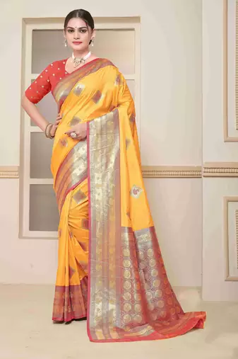  mustard floral art silk woven saree comes with matching blouse