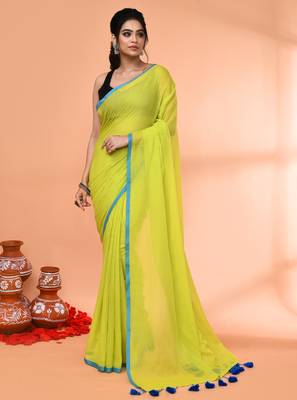 Lemon green mulmul cotton saree without blouse piece 1