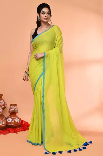 Lemon green mulmul cotton saree without blouse piece