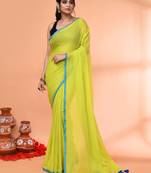Lemon green mulmul cotton saree without blouse piece