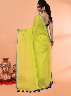 Lemon green mulmul cotton saree without blouse piece 2