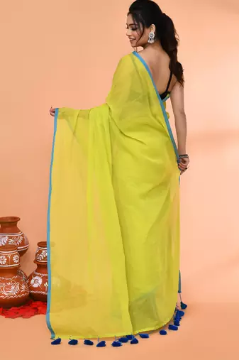 Lemon green mulmul cotton saree without blouse piece