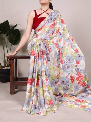 Floral Printed Dull Satin Saree Paired with Plain Moonga Silk Blouse 1