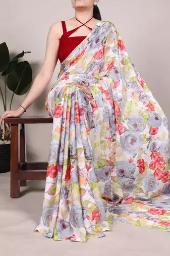 Floral Printed Dull Satin Saree Paired with Plain Moonga Silk Blouse