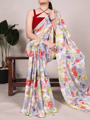 Floral Printed Dull Satin Saree Paired with Plain Moonga Silk Blouse 3
