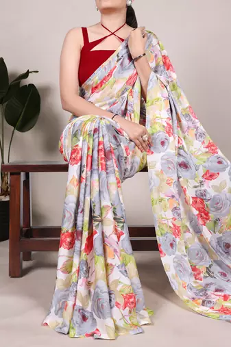 Floral Printed Dull Satin Saree Paired with Plain Moonga Silk Blouse