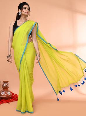 Lemon green mulmul cotton saree without blouse piece 3