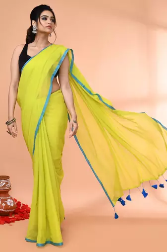 Lemon green mulmul cotton saree without blouse piece
