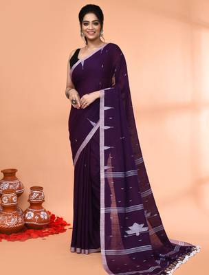 purple mul cotton handloom jamdani saree with blouse piece 1