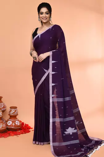 purple mul cotton handloom jamdani saree with blouse piece