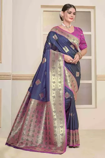  navy blue floral art silk woven saree comes with matching blouse