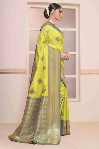  parrot green floral art silk woven saree comes with matching blouse
