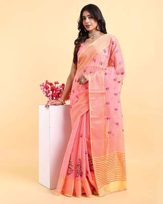 Peach supernet floral thread embroidered saree with blouse piece 1